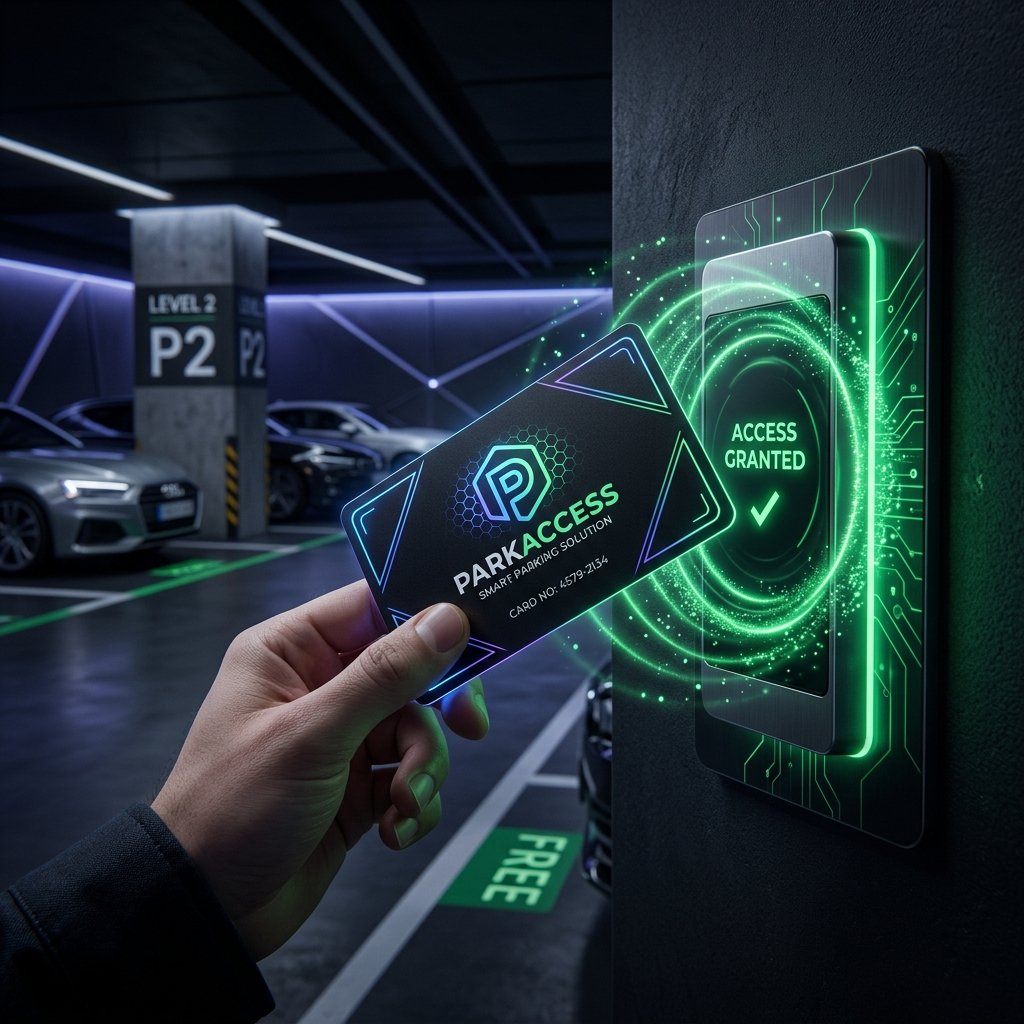 Parking NFC smart access card being scanned at ParkX terminal – contactless RFID parking access control system